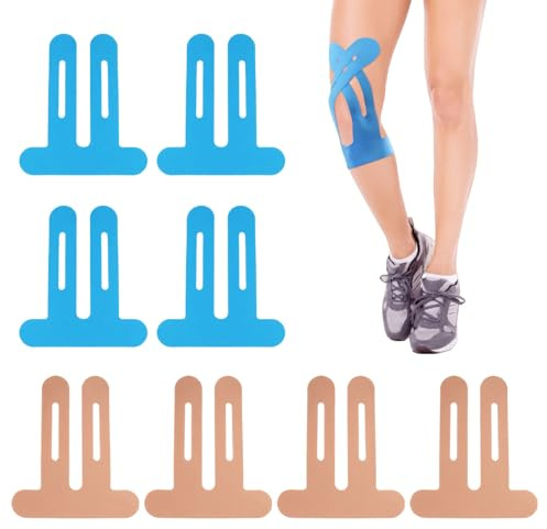 PreCut Lot de 8 bandes de kinésiologie pré-découpées pour genoux - Imperméables et élastiques - Pour douleurs au genou (couleur peau, bleu)