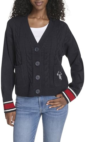 Tommy Hilfiger Damen Boxy Varsity Cable Cardigan Strickjacke, Sky Captain Multi, Klein