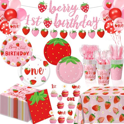 Berry First Birthday Decor Strawberry 1st Birthday Decorations for Plates, Napkins, Cups, Cutlery, Cupcake Toppers, Banner, Tablecloth, Balloons for Girls Strawberry Party Decorations, Serve 20