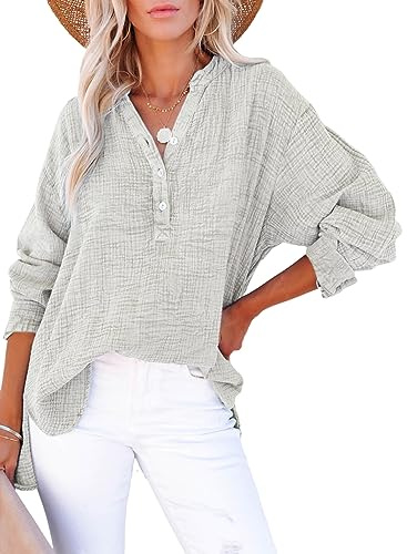 Dokotoo Business Casual Fall Outfits V Neck Cotton Womens Blouses Gray XL | 3/4 Length Long Sleeve Shirts for Women, Button Down, Textured Fabric, Side Slit, Solid Oversized Boyfriend Tops,Fall Clothes