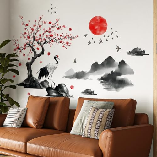 Sticker mural motif fleurs de cerisier japonais, soleil rouge paysage de montagne avec grue, 120 x 75 cm, autocollant art traditionnel asiatique