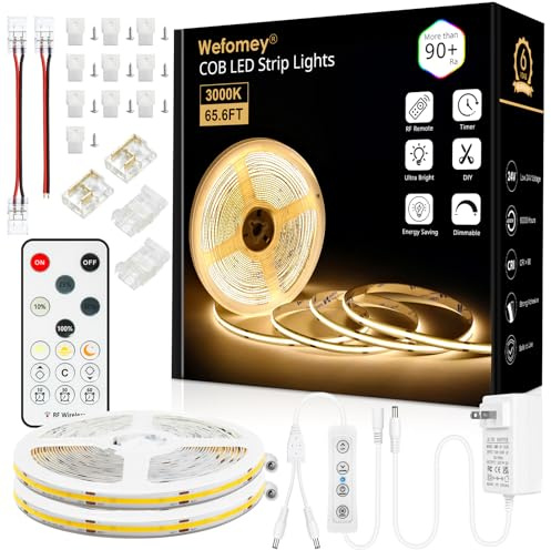 Wefomey 65.6ft COB LED Strip Light with Remote, 3000K Dimmable Bright Warm White Led Lights Strip, Flexible DC24V Led Tape Light for Bedroom, Kitchen, DIY Lighting (2 Rolls of 32.8ft)
