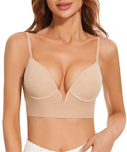 Low Back Bras for Women Seamless Deep V Plunge Invisible Backless Bra Lightly Lined Open Back Low Cut No Show Multiway Halter Bra UK (Khaki, 36)