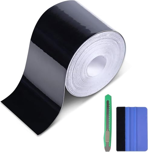 Foneso Zierleisten Folie Schwarz Hochglanz (5cm x 9m), Selbstklebendes Vinyl Folienband ideal für Chrome Delete, Kantenschutz, Türschweller - Universal Lackschutzfolie mit Werkzeug