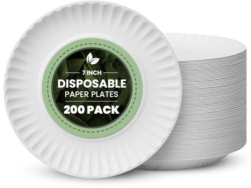 Vivo Technologies 200-Pack of 7-inch Disposable Paper Plates 18cm White 100% Compostable Biodegradable Party Paper Plate Perfect for Everyday use, Ideal for BBQ's, Parties and Events