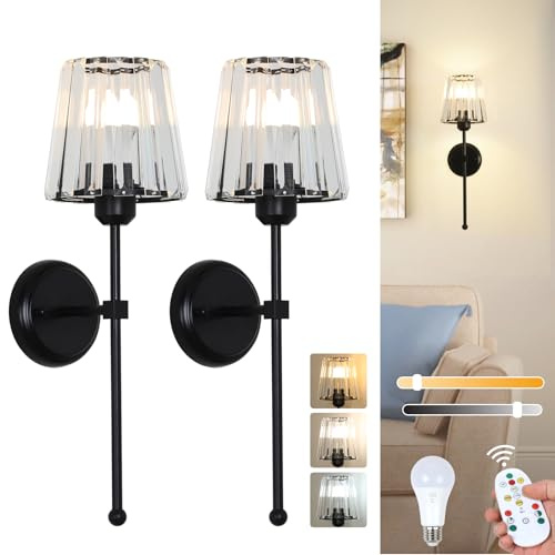 Stepeak Battery Operated Wall Lights Set of 2, Wireless Wall Lights Battery Operated with Rechargeable Bulbs, Black Crystal Rechargeable Wall Light Indoor, Glass Stick On Wall Sconces for Bedroom Hall