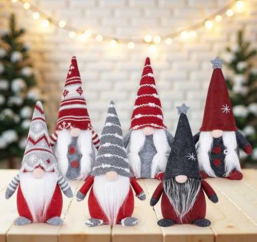 ilauke 6 Pcs Christmas Gnomes Decorations, 20cm Christmas Gonk Gnome Plush Xmas Winter Decorations with Red and Gray Striped, Handmade Plush Santa Elves for Home Kitchen Farmhouse