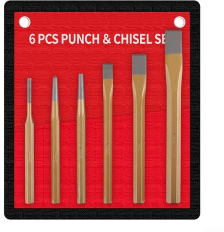 Set professionale di 6 scalpelli in metallo e punzoni centrali, con custodia, per pietra, metallo, legno, cemento, lavorazione utensili manuali officina (A)