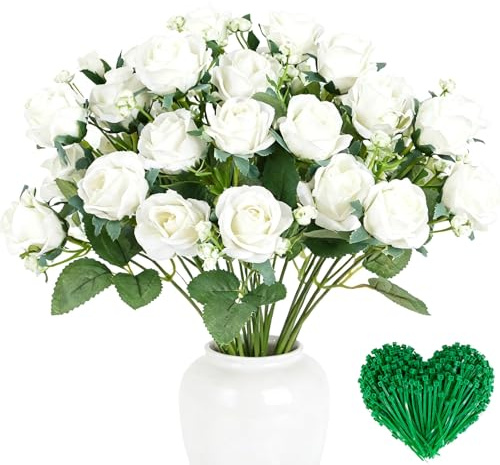 ZenyTra Lot de 20 roses blanches artificielles avec 10 rubans supplémentaires – 32 cm Roses réalistes en soie pour décoration de mariage, bouquet de mariée, décoration de table, baptême et événement