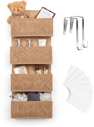 ANTIS'S HOME Handgewebter Hängeorganizer mit 4 Taschen – Boho Hängeregal für Türen, Faltbare, platzsparende & dekorative Aufbewahrung für Schlafzimmer, Kinderzimmer & Badezimmer, inkl. 2 Haken, Braun