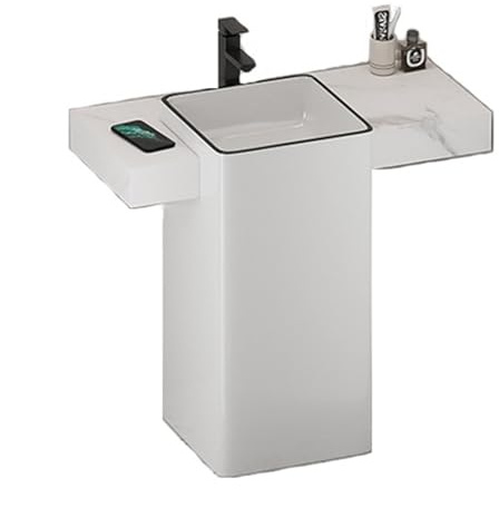 Lavabo de pedestal Tocador de baño con encimera pizarra y lavabo cerámica, tocador minimalista moderno cuadrado, grifo/desagüe/tubo entrada/válvula ángulo(90cm)