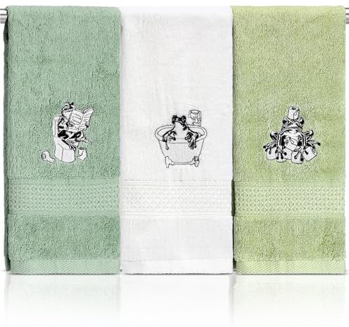 Breling 3 Pcs Frog Hand Towels for Bathroom, Frog Kitchen Hand Towels 13.3 x 29 Inch 100% Cotton Soft Embroidered Washroom Decoration for Animal Lover Restroom Decorative Gifts
