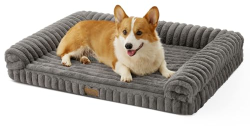 COZY KISS Hundebett für Große Hunde 90x68cm, Orthopädisches HundeSofa, Grau | Weihnachts weich Hundebett, Plüsch Kunstfell & Cordbezug, Eierkisten-Schaum, Abnehmbar & Waschbar, Rutschfest, 15cm H, Grau