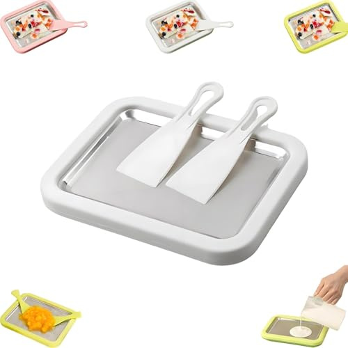 Gelatiera arrotolata portatile, per gelato arrotolato, per gelato arrotolato, con 2 spatole e piastra fredda in acciaio inox, per gelato gelato congelato (bianco)