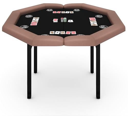 Garvee 48 Folding Poker Table, Folding Game Table Padded Rails ＆ Stainless Steel Cup Holders ＆ Collapsible Metal Legs, 8 Players Octagon Casino Table for Texas Holdem Games (Brown)