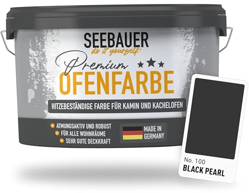 SEEBAUER diy Ofenfarbe Schwarz für Innen 5L (No. 100 Black Pearl) - Hitzebeständige Wandfarbe für Putz, Beton & Mauerwerk - Abwaschbare Farbe für Kamin und Kachelofen