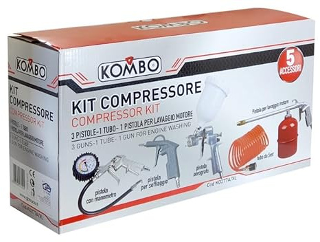 KOMBO Kit 5 Accessori per Compressore – Pistole Aria, Manometro Pneumatici, Aerografo 600 ml, Tubo 5 m – Attacco Rapido Europeo