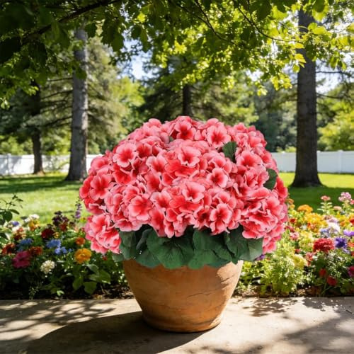 FROVOL 6 flores artificiales de geranio para exteriores, flores rojas de seda de geranio para exteriores, resistentes a los rayos UV, plantas de jardín, flores artificiales para Navidad, hogar, cocina