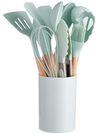 Juego De Utensilios De Cocina De Silicona: Herramientas Antiadherentes De 12 Piezas Con Mango De Madera, Cubo De Almacenamiento Para Cocinar, Suministros Para Hornear | Kit De Espátula Con Pinzas