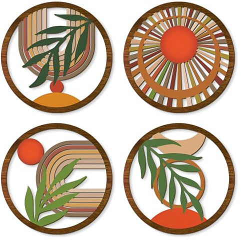 PAEFIU 4 Stück Holz Boho Wand Deko, 3D Runde Bauernhof Wanddekoration, Modern Minimalistische Wandkunst, Boheme Kunst Wanddeko, für Wohnzimmer, Bauernhaus, Balkon, Wohnzimmer, Kinderzimmer (Stil 3)