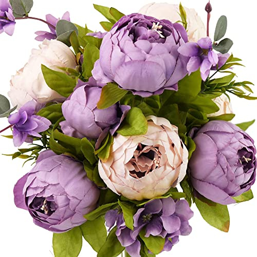 FiveSeasonStuff Purple Pink Artificial Peony and Hydrangea Bouquet, Silk Flower Arrangement with Greenery for Home Interiors and Display Styling