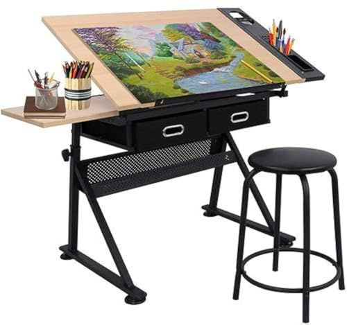 bbbuy MDF ajustable redacción mesa de escritorio mesa de dibujo estación de Craft art-hobby oscilante con taburete y 2 cajones para escribir arte Craft – Estación de trabajo