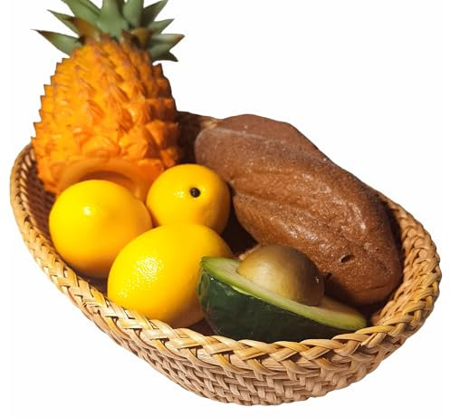 i-lan Handmand Ovaler Brot-Servierkorb, große Größe, natürliches Rattan, Obstschale, Couchtisch-Tablett für Lebensmittelaufbewahrung, Snacks, Gemüse, Honigbraun (L:31,8 cm)