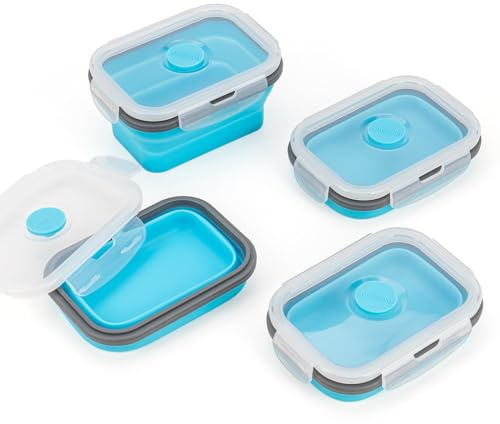 Faltbare Frischhaltedosen aus Silikon mit luftdichtem Deckel und Entlüftungsventil, stapelbare Bento-Lunchbox, faltbare dünne Behälter, mikrowellen-, gefrier- und spülmaschinenfest, blau, klein,