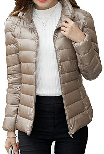 YAOTT Chaqueta Acolchada De Plumas Abrigo Parka para Mujer Ligero Cremallera Abrigo Cortas Caqui XL