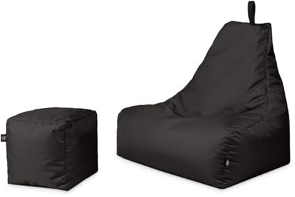 PATCH HOME Sitzsack Lounge Sessel + Würfel/Hocker mit Reißverschluss Gamer Sitzkissen fertig mit Styropor Füllung befüllt H:82cm | T:70cm | B:75cm + 35x35cm Würfel Schwarz