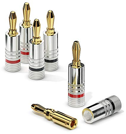 sonero Bananenstecker 4er-Set, vergoldet, für Lautsprecherkabel/Boxenkabel | Für Kabelquerschnitte von 0,75–6mm², Doppelverschraubung, gefederte Lamellen, rot/schwarz, für HiFi-Verstärker & Receiver
