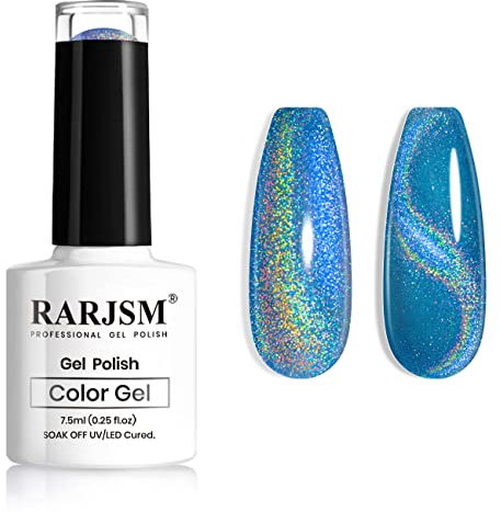 RARJSM Gel Nail Polish Blue Sparkle Glitter Rainbow Unicorn Holograpihc Laser Effect Gel Polish Soak Off Led UV Curing Requires without Magnetic for Salon Home DIY Nail Art Single Bottle 7.5ml