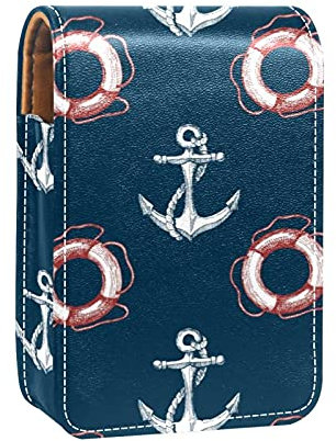 Makeup Lipstick Case for Outside White Ship Anchor Lifebuoy Navy Portable Lipstick Organizer with Mirror Ladies Mini Makeup Bag Takes Up to 3 Lipstick
