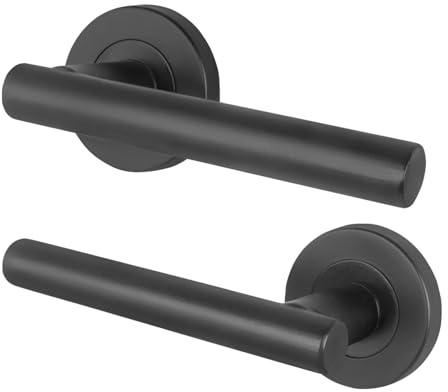 EAI Matt Black Door Handles, 1 Pair T-Bar Lever on Rose - Oliena | 1 Pair of T-Bar Lever on Rose Internal Door Handles, Fixings Included