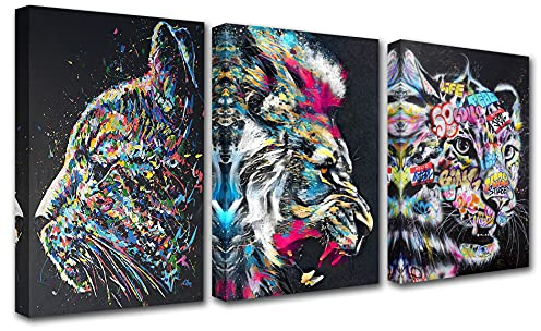 Graffiti Banksy Decor Street Art Bilder Tier Löwe Gemälde Katze und Tigar Wandkunst 3 Paneele Drucke auf Leinwand Wohnzimmer Heimdekoration nordische Kunstwerke Holzrahmen fertig zum Aufhängen