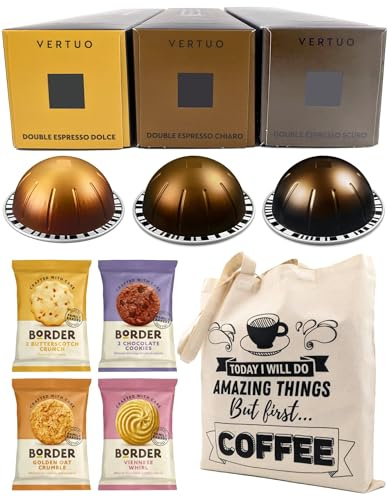 Coffee Pod Variety Pack for Nespresso Vertuo Machine - Double Espresso Selection Chiaro, Scuro, Dolce - 3 Boxes (30 Pods) Bundled with Border Biscuits and Reusable Tote Bag