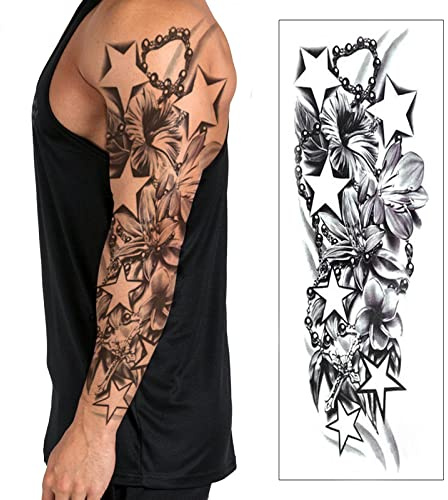 Temporary Tattoo Sleeve Transfer - Full Arm Realistic Waterproof Fake Tattoo Sticker for Men Women Kids - By Delusion Tattoos (Lilies & Stars), Grey, 17cm x 48cm