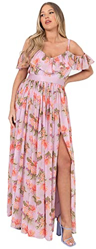 Anaya with Love Damen Maxikleid, Schlitz, schulterfrei, Bardot-Ausschnitt, mit Bindegürtel, tropischer Druck, Pink, Sommer Kleid, Flieder, 56