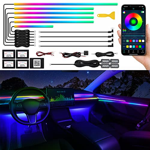 Dreamcolor Acrylic Interior Car LED Strip Light with Wireless APP, RGB 14 in 1 with 175 inches 593 LEDs Fiber Optic Ambient Lighting Kits, 16 Million Colors Sound Active Function Car Neon Lights