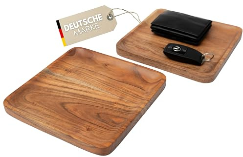 Plogis Holztablett Viereckig aus Akazie - 2er Set 20 x 20 cm Groß/Dekotablett Holz Rechteckig/Holzbrett Schale Deko Tablett Quadratisch Ablage Schreibtisch/Dekoschale