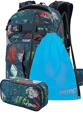 Nitro Superhero, skolryggsäck set, ryggsäck, ryggsäck, flyttbart höftbälte, robust bottenplatta, termisk väska, bärbar väska, sportväska eller sportväska och, Tropisk, 30 L, Set med pennfodral och