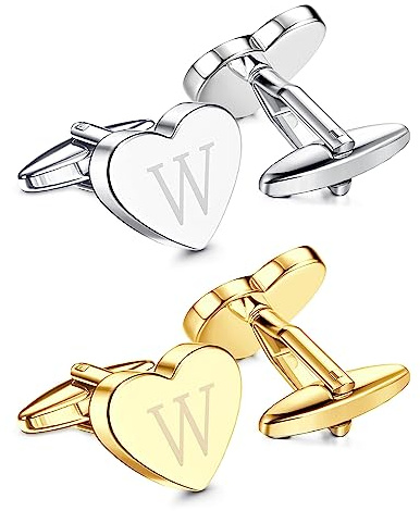 Kakonia 2 Coppie di Gemelli da Polso Iniziali W per gli Uomini Personalizzati Unico Cuore Alfabeto Lettera Oro Argento Smoking Camicia Uomo Gemelli Affari Matrimonio Regalo