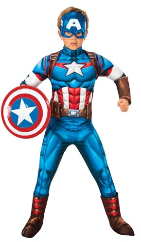 Rubies Costume Capitan America Deluxe per ragazzi e ragazze, Jumpsuit con petto musculoso e copristivali, 1/2 maschera, Ufficiale Marvel per Carnevale, Natale, Compleanno, Festa e Halloween