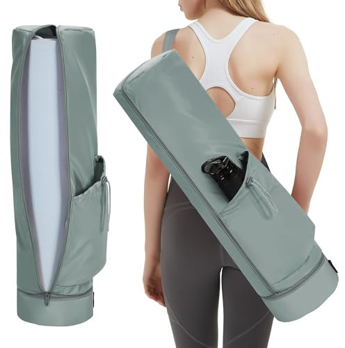 sportsnew Yoga Mat Bag Large with Carrying Strap, Bottle Pocket and Wet Compartment, Long Pilates Bag with Full Zipper for Thick Mat, Greenish Grey, Patent Pending