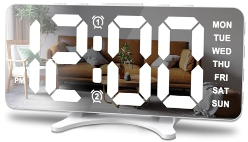 Risop Digital Alarm Clock as Modern LED Mirror Clock with 2 USB Charging Ports, Large Digits & Automatic Dimmer, Adjustable Brightness & Snooze Function for Late Sleepers, Desk Decoration (12/24H)