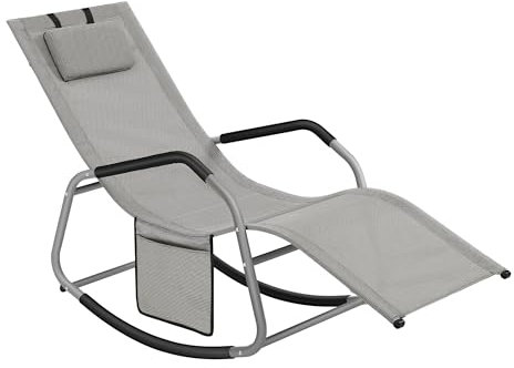 SONGMICS Schaukelliege, Liegestuhl, Schaukelstuhl, Stopper als Umkippschutz, verstellbare Kopfstütze, Stahlrahmen, atmungsaktiv, Seitentasche, 151 x 56 x 90 cm, Taubengrau GCB230G01