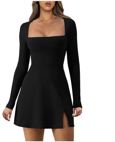 Bcenoilua Abito Casuale da Donna a Maniche Lunghe Sexy Elegante Colletto Quadrato Spacco Mini Abito Nero Aderente Bodycon Corto Vestito per Feste Club Ccocktail Formale