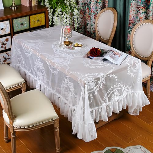 Vintage Weiße Spitze Tischdecke Blumen Bestickte Rüschen Rechteckige Tischtuch, französische rustikale Häkeltischdecke für Hochzeit Party Bankett Dekoration, 160x250cm