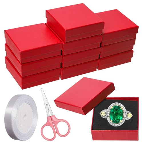 Swpeet 12 Pezzi Rosso 8,9×8,9×2,5 cm Scatola Regalo in Cartone per Gioielli con Forbici e Nastro in Poliestere, Scatola per Collana, Orecchini, Bracciali, Confezione Regalo, Ideale per Conservazione e