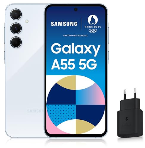 Samsung Galaxy A55 5G, Smartphone Android, 256 Go, Chargeur Secteur Rapide 25W Inclus [Exclusivité Amazon], Smartphone déverrouillé, Bleu, Version FR